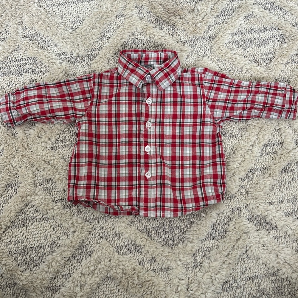 Baby Rebels 3-6 months button down collar polo shirt long sleeve- red and gray